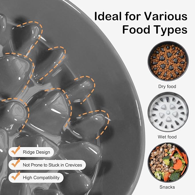 Sted Ceramic Slow Feeder Dog Bowls for Medium Large Breed, Slow Feeding Dog Bowl, Dogs Food Bowls for Fast Eaters, Puzzle Dogs Food Bowl with Silicone Base, Maze Grey