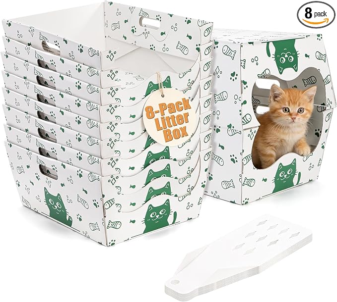 SOUJOY 8 Pack Disposable Cat Litter Box, Sturdy White Cardboard Litter Boxes with Scoop, Anti-Splashing Foldable Enclosed Travel Litter Tray for Cats Puppies Small Pets, 16" L x 12" W x 6.7" H
