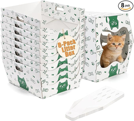 SOUJOY 8 Pack Disposable Cat Litter Box, Sturdy White Cardboard Litter Boxes with Scoop, Anti-Splashing Foldable Enclosed Travel Litter Tray for Cats Puppies Small Pets, 16" L x 12" W x 6.7" H