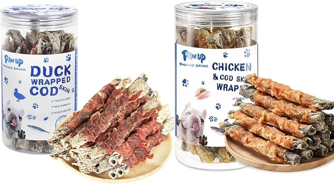 PAWUP Cod Skin Dog Treats with Duck & Chicken, High Protein & Omega-3, Natural Dog Chews with Taurine, 25 Ounce Jar