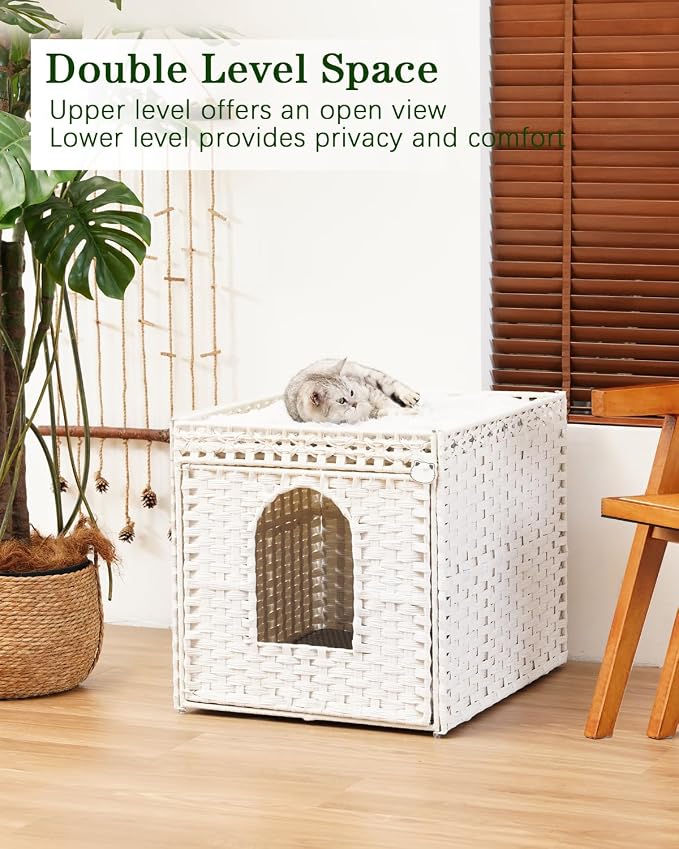 SETVSON Cat Litter Box Enclosure Furniture, Large Hidden Litter Box Furniture, Handwoven Rattan Cat House Cabinet, One Mat, Two S-Shaped Hooks, Living Room, Apartment 21.6 X 26 X 21.6 Inches, White
