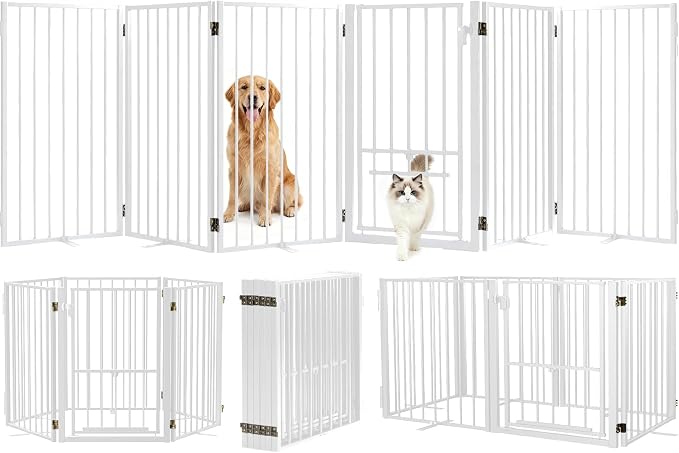 Metal Freestanding Dog Gate with Cat Door for Outdoor & Indoor,120" Extra Wide Foldable Pet Fence,30" Tall Free Standing Dog Gate for RV Camping,Stairs,Hallways,Doorways,Deck,Yard (6 Panels,White)