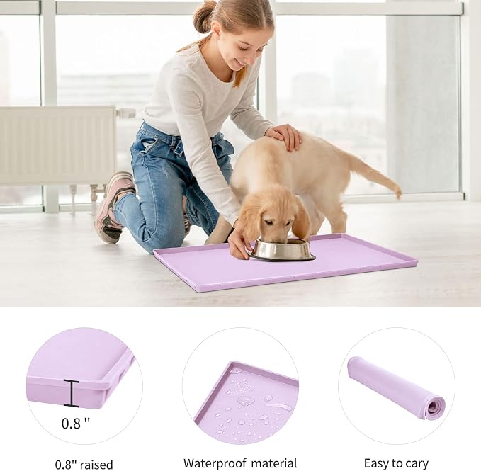 Dog Food Mat,Silicone Waterproof Food Tray,Non Slip Pet Bowl Mats Placemat,0.8" Raised Edge,Suitable for Most Small and Medium Sized Pets,28" x 18"