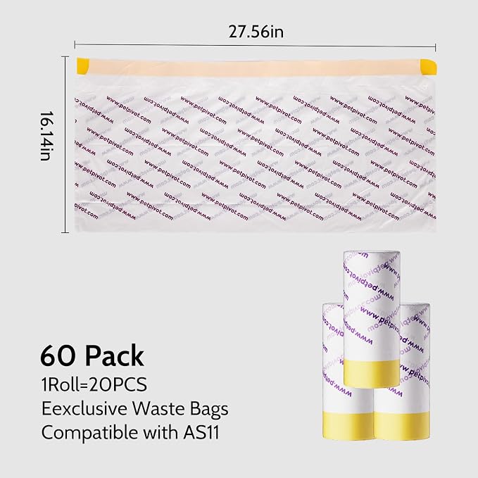 60 Count Automatic Cat Litter Box Liners - Compatible with Petpivot Autoscooper 11, Drawstring Design, Heavy Duty & Leak-Proof, Replacement Waste Bags（27.56"×16.14"）