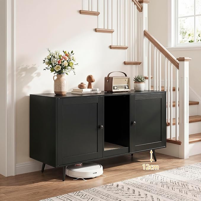 Tangkula Double Cat Litter Box Enclosure, Large Hidden Wooden Cat Cabinet for 2 Cats with Scratching Pad, Double Rooms, Versatile TV Stand Side Table for Indoor Living Room