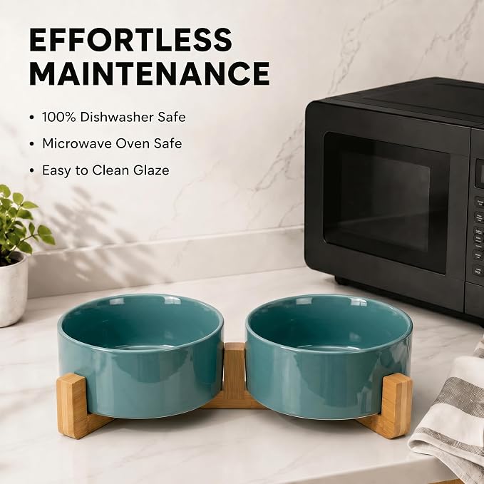 SPUNKYJUNKY Ceramic Dog and Cat Bowl Set with Wooden Stand, Modern Cute Weighted Food Water Set for Small Size Dogs (13.5OZ) & Medium Sized Dogs (28.7OZ) & Cats (3.6 Cups, 2 × Light Green)