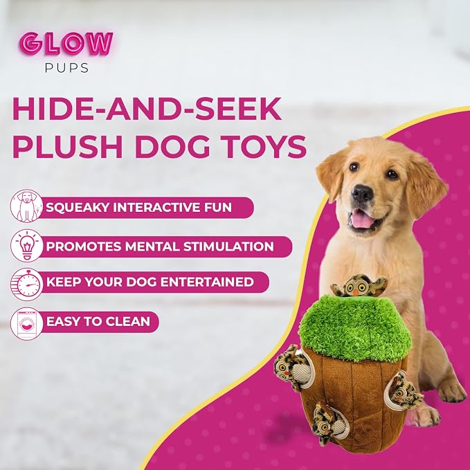 Glow Pups Dog Puzzle Toy Tree with Hide and Seek Squeaky Owl Plush Toys, Interactive Fun for Small and Medium Dogs, Promotes Mental Stimulation, Large Green Forest Animal