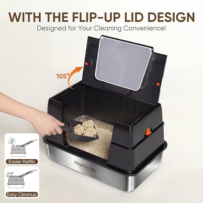 304 Stainless Steel Litter Box with Flip-Up Lid, Easy to Clean Enclosed Cat Litter Box for Big Cats, High Sides for Anti-Urine Spray & Odor Control, Includes Scoop and Mat