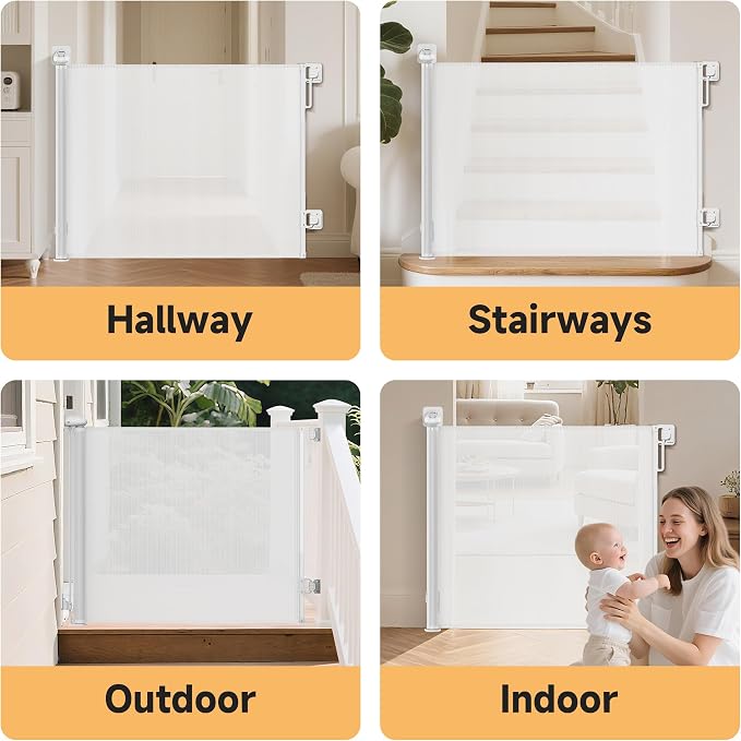 Retractable Baby Gate,118" Wide x 34" Tall Mesh Safety Gate for Dogs & Babies, Indoor/Outdoor Use for Stairs, Doorways, Hallways,Easy Installation Mesh Gate