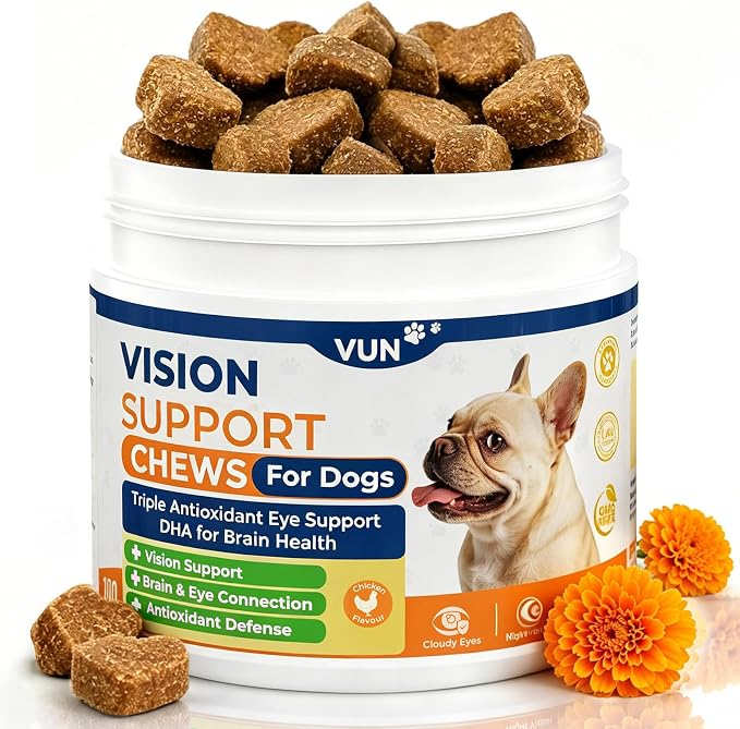 VUN Dog Eye Supplements-Dog Vision Supplement Soft Chew for Cloudy Eyes,Dry Eye and Night Vision of Senior Dogs,Antioxidant Eye Care,100 Counts (Chicken Flavor)