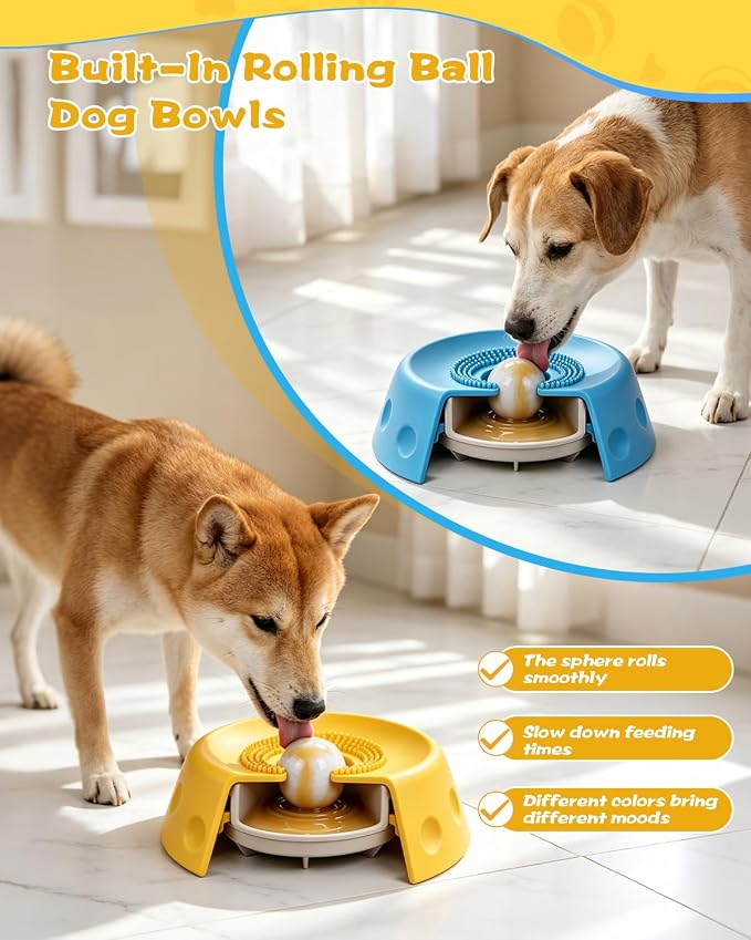 2 Pack Slow Feeder Dog Bowl with Rolling Ball, Interactive Lick Bowl for Dogs & Cats Anti-Slip Silicone Lick Mat for Liquid Treat Wet Food Bone Broth Enrichment Toy for Small Medium Large Dogs