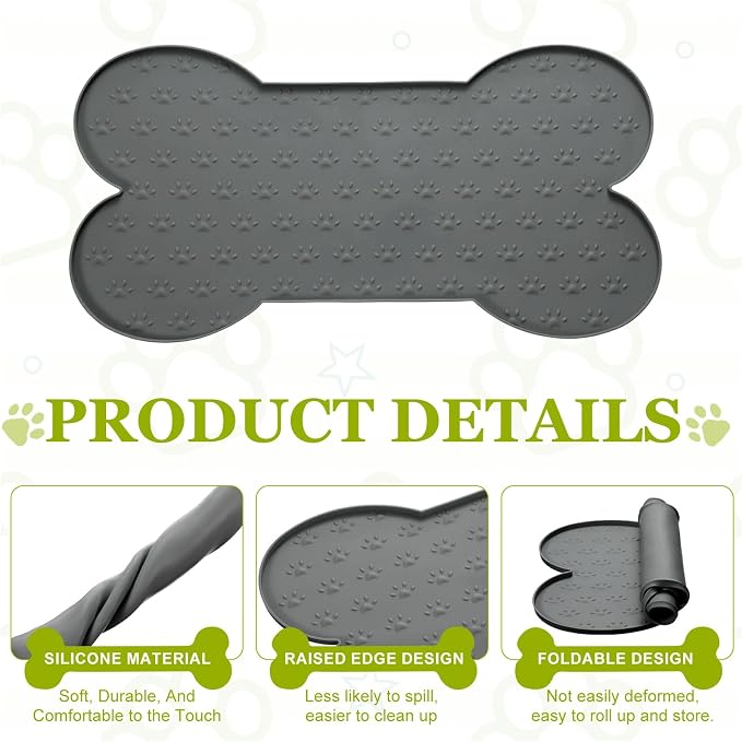 Dog Food Mat, 20x10 Inch Silicone Pet Feeding Mat Non-Slip Bone Shaped Waterproof Dog Water Bowl Tray Raised Edge Protects Floors (Gray), Intended for Pets Bowl/Fountain