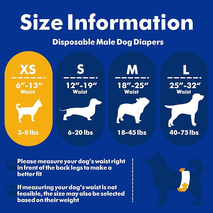 MICOOYO Male Dog Diapers, Disposable Male Dog Wraps with Wetness Indicator, Super Absorbent | Leak Proof Doggie Diapers for Incontinence, Marking, Puppy Training, XS, 6-13-inch Waist, 50 Counts