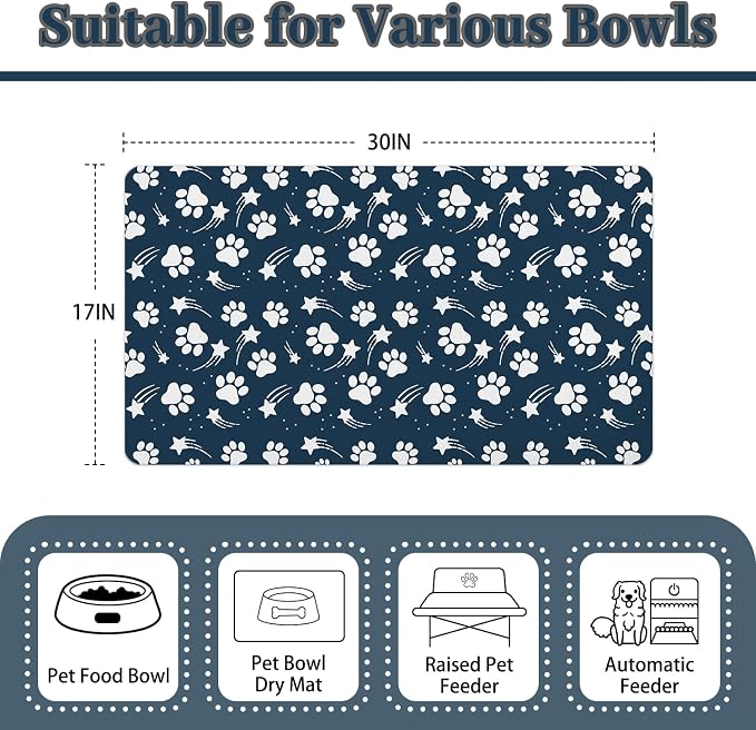 Dog Food Mat 17x30 Inch Pet Feeding Absorbent Mats for Floor Dog Cat Water Bowl Placemat Non-Slip Washable Pet Food and Water Mat