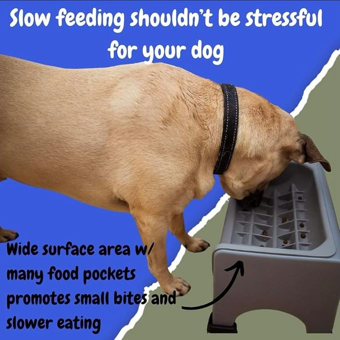 Fluff Trough XL Binge Blocker – Elevated Slow Feeder Dog Bowl with Silicone Slow Feeder Insert, Raised Dog Bowl & Food Container for Medium Large Dogs, Vet Recommended Elevated Dogs Dish (Gray)