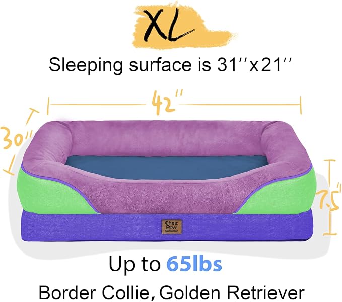 Chez Paw Large Orthopedic Dog Bed for Extra Large Dogs, Waterproof XL Egg-Crate Foam Dog Bed with Removable Washable Cover & Non-Slip Bottom, 4-Sided Bolster Support, Lavender Blue 42"x30"x7.5"