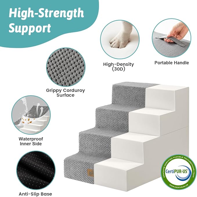 COZY KISS Dog Stairs for Small Dogs, 4 Tier Removable Pet Stairs for Couch and Bed, 17.7" H Dog Steps for Old Cats, Puppy, Small Dogs, 15.7x23.6x17.7 inch, Gray