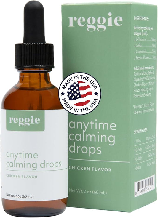 Reggie Anytime Calming Drops for Dogs | Fast-Acting Natural Anxiety Relief with L-Theanine, GABA & Chamomile | Dog Calming Tincture for Stress, Separation Anxiety, Thunderstorms & Travel | 2 fl oz