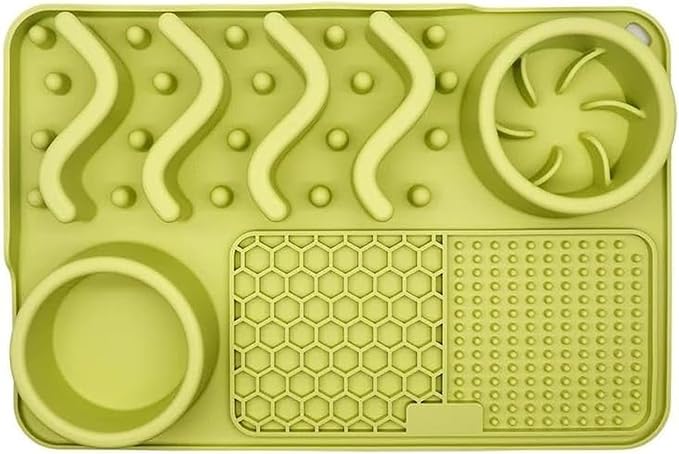Silicone Dog Feeding Mat – Spill Proof & Non Slip Pet Food Mat with Slow Feeder & Lick Pad – Bowl Holder for Messy Eaters, Waterproof, Dishwasher Safe Dog & Cat Bowl Mat (12 x 8 Inch, Green)