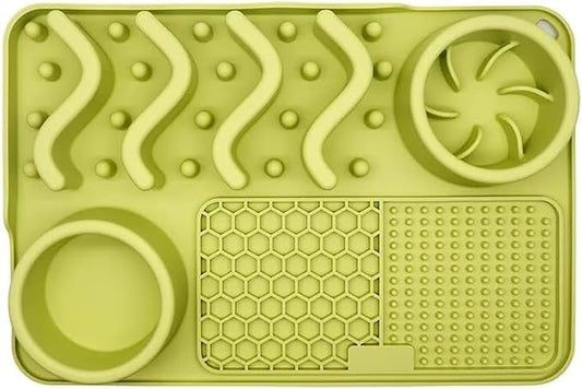 Silicone Dog Feeding Mat – Spill Proof & Non Slip Pet Food Mat with Slow Feeder & Lick Pad – Bowl Holder for Messy Eaters, Waterproof, Dishwasher Safe Dog & Cat Bowl Mat (12 x 8 Inch, Green)