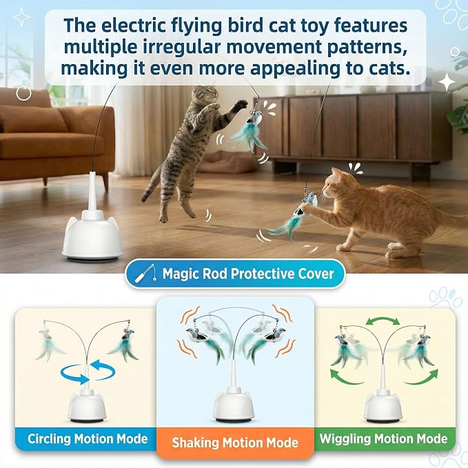 2 In 1 Electric Cat Wand Toy Interactive Cat Toys for Indoor Cats 360° Cat Toys for Bored Indoor Adult Cats, 2-Speed Fly Cat Chase Toy Automatic Cats Toys with Suction Cup Electric Cat Teaser Wand