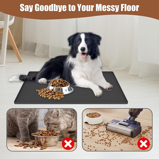 24"x16" Large Dog Food Mat, Silicone Dog and Cat Mats for Food and Water Bowls, Waterproof Raised Edge Pet Feeding Mat for Contain Spills Protects Floors, Multiple Colors & Sizes for Pets, Light Gray