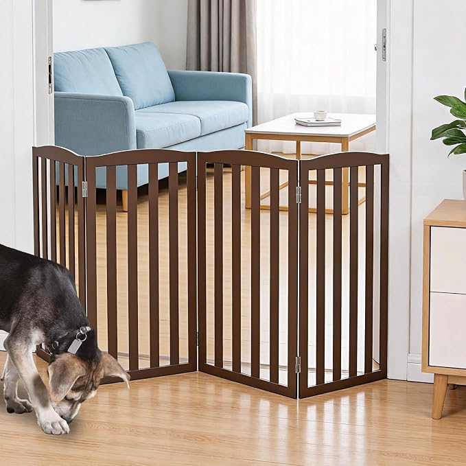 Freestanding Dog Gate Indoor,Doggie Gate Foldable Pet Gates for Doorways,Stairs or Hallways, Wooden Brown Pet Gate for the House, Pet Fence,32 "Height-4 Panels