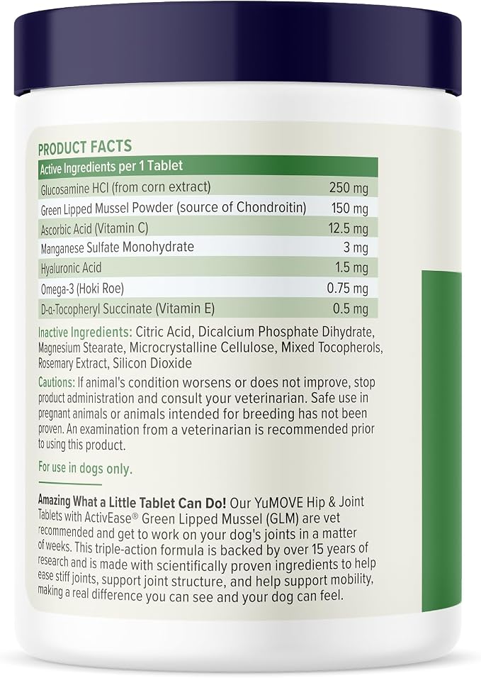 YuMOVE Senior Dog Joint Supplement with ActivEase Green Lipped Mussel - Glucosamine for Dogs, Hyaluronic Acid & Omega 3 – Advanced Mobility Support for Aging Dogs (120ct Chewable Tablets)