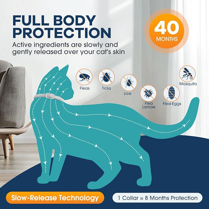 Flea and Tick Collar for Cats 5 Pack, 8 Months Protection, Plant-Based Ingredients, Water-Resistant, Adjustable & Lightweight, Suitable for Adult Cats & Kittens, White