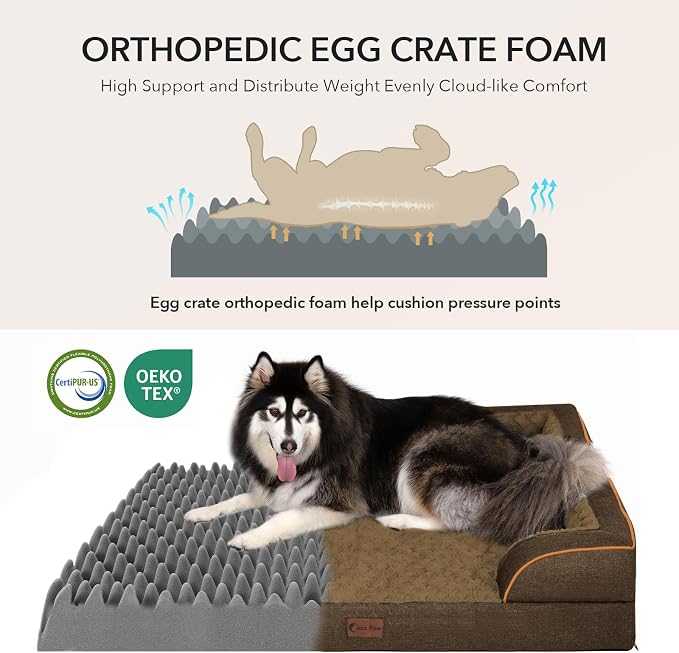 Orthopedic Dog Beds for Medium Sized Dogs 35x22 Inch, Medium Waterproof Memory Foam Dog Sofa Bed with Removable Washable Cover Pet Couch with Bolster, Brown
