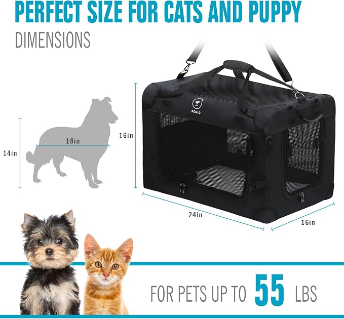 PEGIC Extra Large Cat Carrier, Black | Soft Sided Collapsible, For 2 Kittens or Large Cat, Up to 50lbs, Car Travel, Indoor and Outdoor Uses