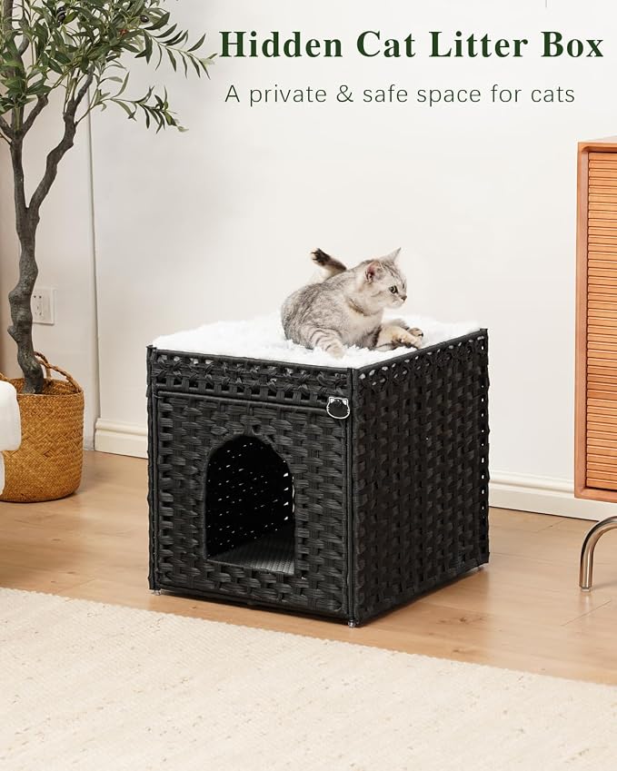 SETVSON Cat Litter Box Enclosure Furniture, Hidden Litter Box with Mat and Fence, Handwoven Rattan Cat House with Two S-Shaped Hooks for Living Room, Bedroom, 18.5 x 20.5 x 19.1 Inches (Black)