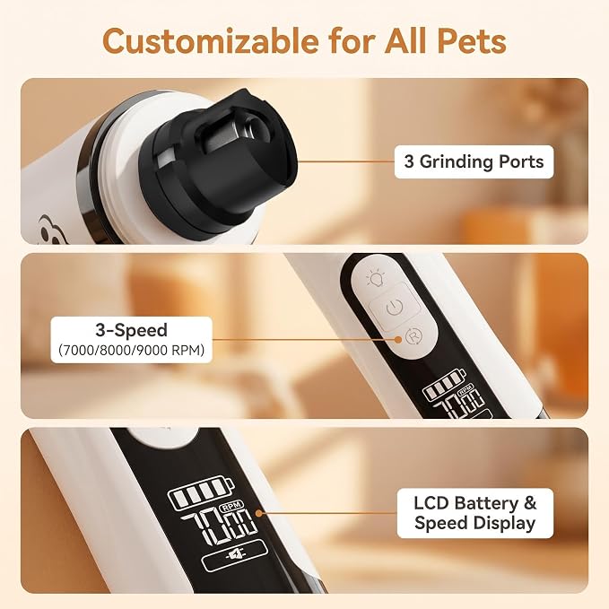 silent paws Quiet Pet Nail Grinder with LCD& Light | Quiet Dog Nail Grinder Suits Sensitive Pets. 3 Speeds Nail Trimmers for Small to Large Dogs ,Cats and Other Animals.