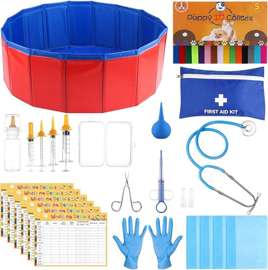 60Pcs Puppy Kitten Whelping Kit Birthing Supplies Newborn Whelping Supplies with Nursing Feeding Tube Record Charts Puppy Whelping Collars Urine Pads Gloves for Keeping Kitten Dogs Cats