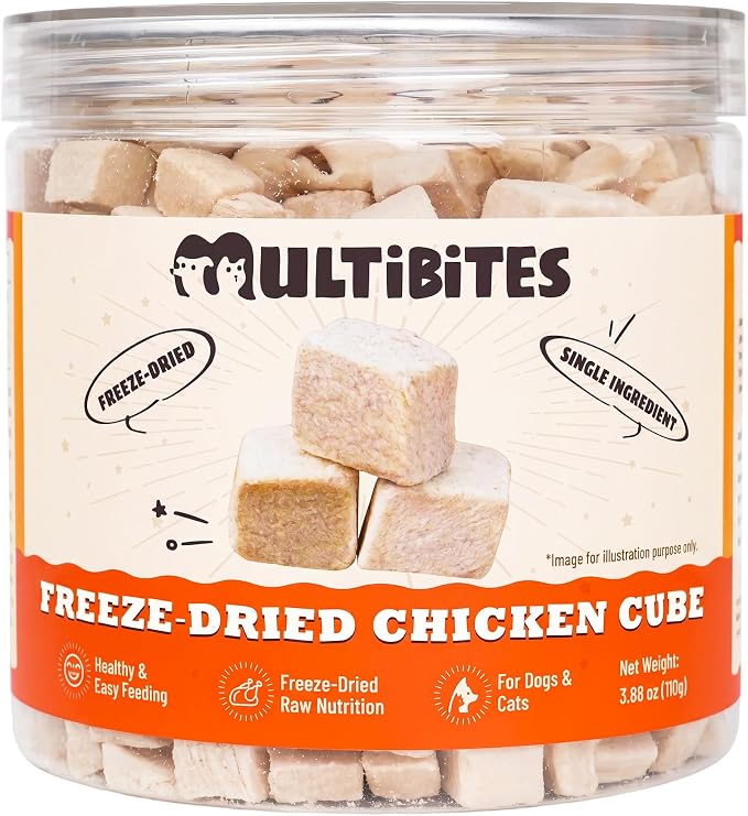 3.88 oz Freeze Dried Chicken Cubes for Dogs & Cats, Single‑Ingredient High‑Protein Grain-Free Treats, Large‑Sized Pet Snack Food Topper and Training Rewards for Multi‑Pet Households
