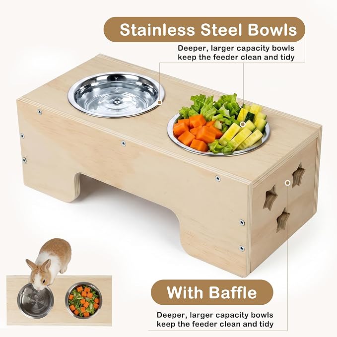 Upgraded 3‑in‑1 Wooden Rabbit Hay Feeder and Litter Box Combo | Extra Large, Mess‑Proof Hay Rack, Easy Clean, Stainless Steel Bowls, Small Pet Feeding Station