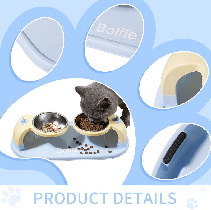 Elevated Stainless Steel Pet Bowls for Cats, 2-in-1 Food and Water Feeder with Non-Slip Base, with Spill-Proof Mat for Small Pets
