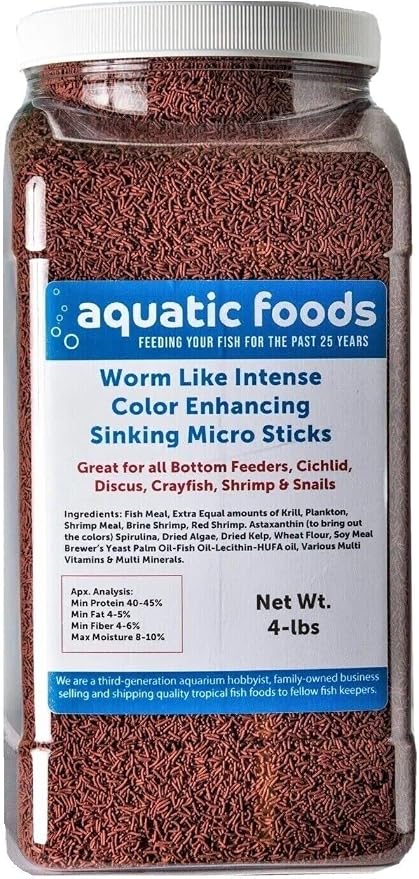 Worm Like Intense Color Enhancing Sinking Micro Sticks for Discus, Cichlids, Koi and Pond Fish, All Tropical Fish…4-lb Lg Jar