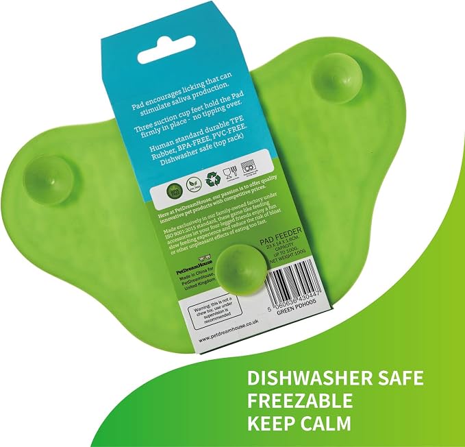 PetDreamHouse Lick Paw Pad & Slow Feeder for Dogs, Anti-Boredom, Distraction Mat, Reduces Anxiety w/Stress-Relief Stimulating Licking, Suction Cups on Back, Ideal for Puppies, Dogs & Cats, Green