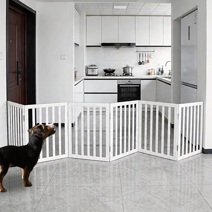 Foldable Indoor Dog Gate for The House Freestanding Stairs Nature Wooden White Pet Gate for Doorway Puppy Gate for Dogs Expandable Dog Fence for Stairs or Hallways 24"" Height 6 Panels