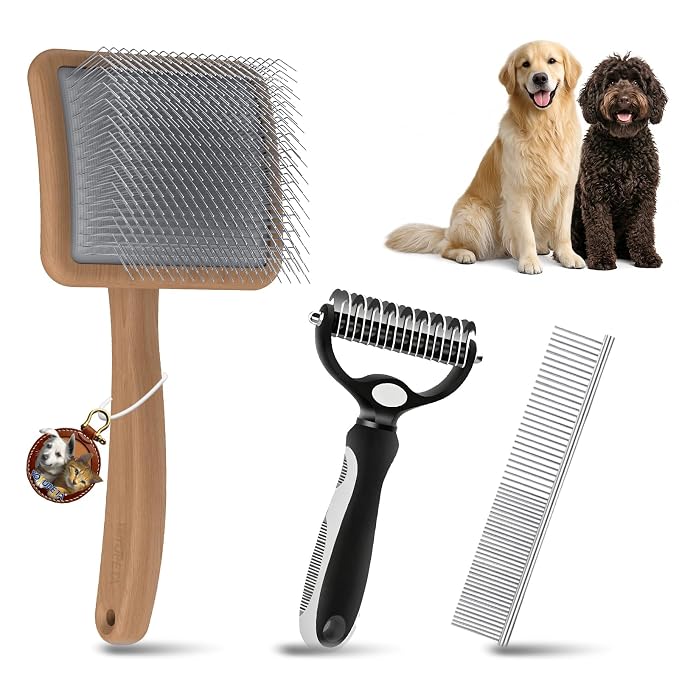 Large Dog Slicker Brush for Goldendoodles, Poodles - 3 in 1 Grooming Kit with Undercoat Rake & Comb - Extra Long Pins Slicker Brush for Dematting, Thick Coats, Shedding, Detangling, Natural