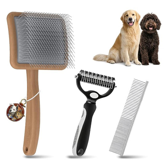Large Dog Slicker Brush for Goldendoodles, Poodles - 3 in 1 Grooming Kit with Undercoat Rake & Comb - Extra Long Pins Slicker Brush for Dematting, Thick Coats, Shedding, Detangling, Natural