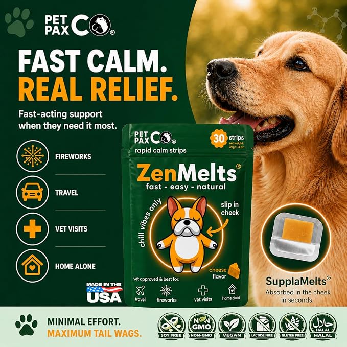Calming Strips for Dogs – Fast-Acting Anxiety Relief & Sleep Support with Melatonin and Chamomile - Dog Calming Chews Alternative, Helps Reduce Stress During Fireworks & Travel (30 Pack)