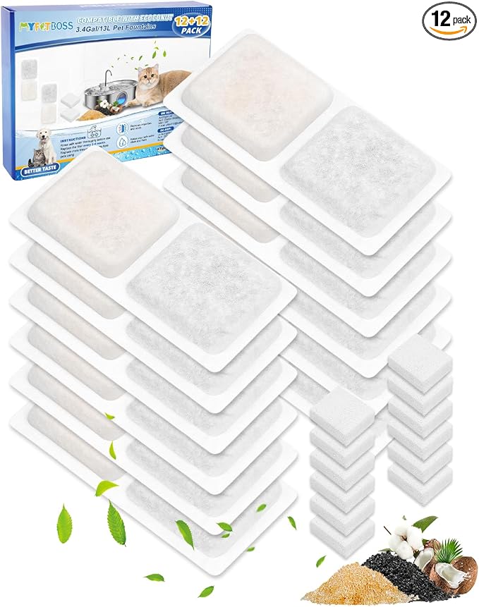 12+12 Pack Dog Water Fountain Filter Compatible with ECOCONUT 3.4Gal/13L Stainless Steel Large Pet Fountain, Activated Carbon & Sponge Filter for Cat Dog Water Bowl Dispenser