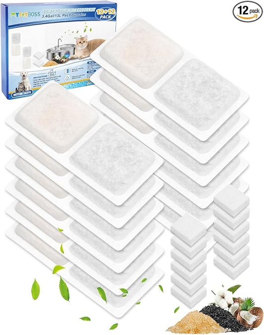 12+12 Pack Dog Water Fountain Filter Compatible with ECOCONUT 3.4Gal/13L Stainless Steel Large Pet Fountain, Activated Carbon & Sponge Filter for Cat Dog Water Bowl Dispenser