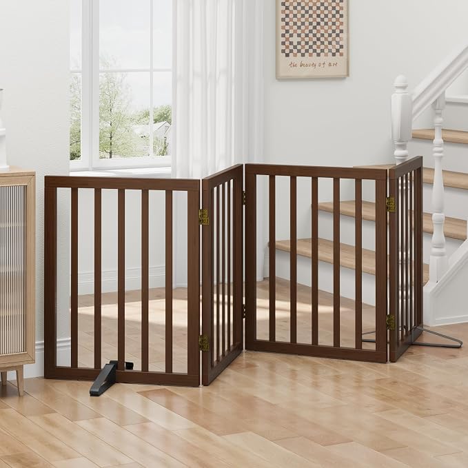 Dog Gates for Doorways, Freestanding Foldable Dog Gate Indoor, Pet Gates for Doorways Bedroom, Puppy Gate with Metal Support Feet, 4 Panels (Rustic tan)