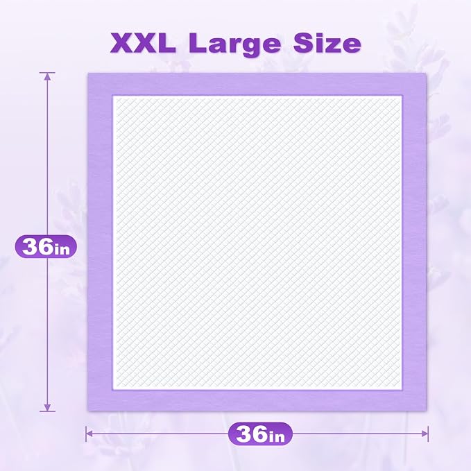 MIZOK Dog Pee Pads 36x36in, Extra Large Pee Pads for Dogs, Keeps Fresh & Clean, Ultra Absorbent Up to 11 Cups, 6 Layers Leak-Proof, Purple Lavender Color (30 Counts)