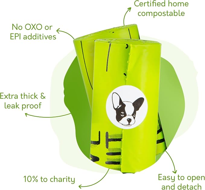 Certified Compostable Dog Poop Bag with Handles + Dispenser | 10% to Charity | Vegetable Based Dog Poop Bag | Eco Friendly and Earth Friendly dog waste bags | Leakproof And Zero Odor