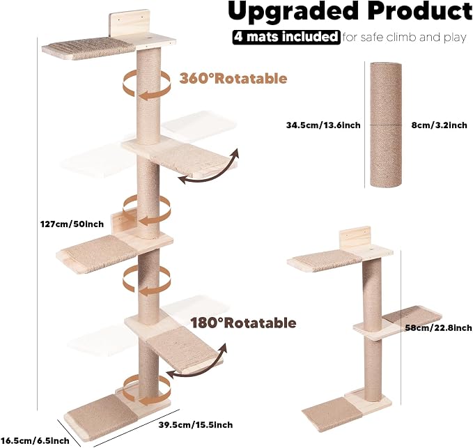 Tall Cat Tree 50inch, 4 Tier Wood Cat Tree Tower with Natural Jute Rope, Cat Wall Shelves Wall-Mounted Scratching Post Adjustable Cat Tower for Indoor Cats (4-Tier Cat Tree, Natural Jute Color)