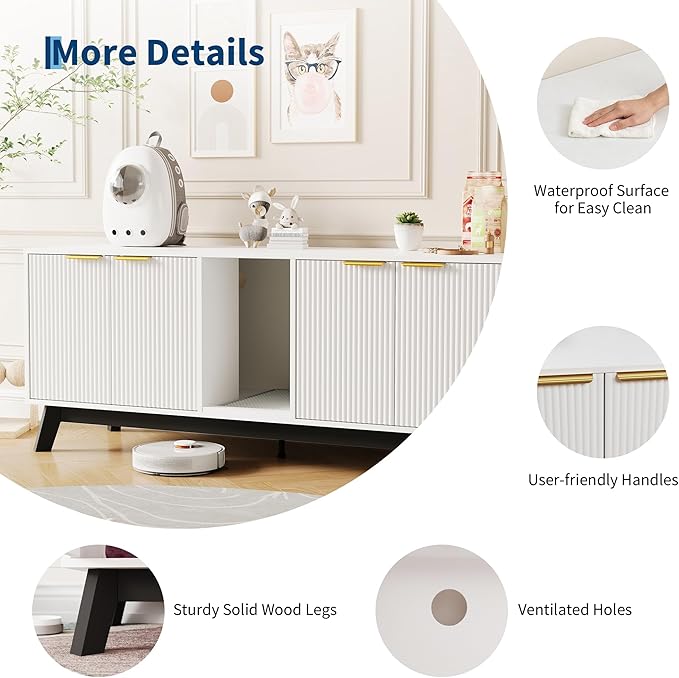 Garvee Cat Litter Box Enclosure for 2 Cats, 59" Hidden Litter Boxes Furniture with Cat Litter Mat, Large Indoor Pet House with Double Room, Wooden TV Stand Side Table, White